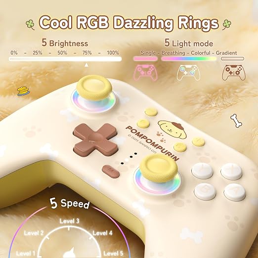 Kuitmor Pompompurin Dog Switch Pro Controller, Cute Hall Effect Wireless Gamepad No Drift for Switch 2/Switch/OLED/Lite, PC/Steam, Android, iOS, Bluetooth + Wired, Turbo, Back Buttons, 6-Aixs Gyro, Wake-up, RGB (Yellow, With Receiver)