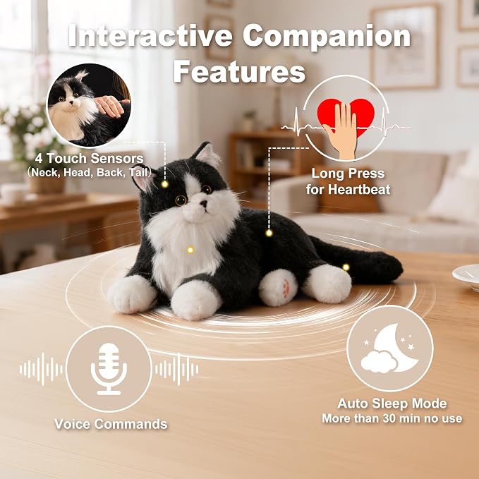 Chongker Interactive Companion Robot Cat Pets, Handmade Weighted Stuffed Animals, Cat Plush Toy with Voice Response, Realistic Heartbeat and Purring, Black Cat