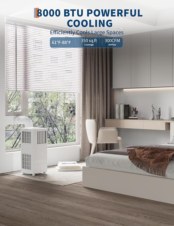 8000 BTU Portable Air Conditioner - 3 in-1 AC Unit Cools 350 Sq. Ft Rooms, Quiet 50 dB Operation w/Touch Control & Remote, Includes Window Kit & 24H Timer, Dehumidifier & Fan Modes for Bedroom, White