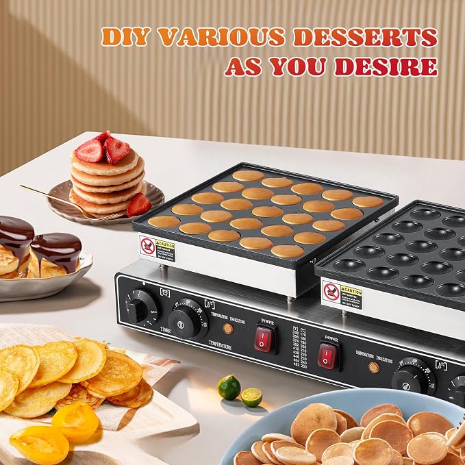 Moongiantgo Mini Pancake Maker Dual Plate 50pcs for Dessert Non-Stick Electric Dutch Pancake Baker Stainless Steel, Poffertjes Dorayaki Machine with Temp&Time Control for Snack Home Restaurant, 110V