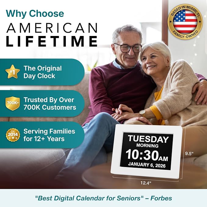 American Lifetime 【New 2025】 Dementia Clock Large Clock for Seniors, Digital Clock with Custom Alarms, Clock with Day & Date for Elderly, Large Number Digital Clock White Extra Large