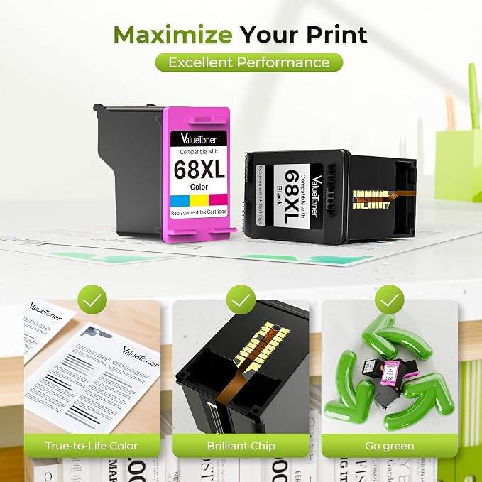 68XL Ink Cartridges Black Color Combo Pack for HP Ink 68 68XL 68e Replacement for HP 68XL 68 68e Ink Cartridges Compatible with Envy 6155e 6555e 6152e 6552e 6558e 6165e (2 Pack, 1 Black, 1 Tri-Color)
