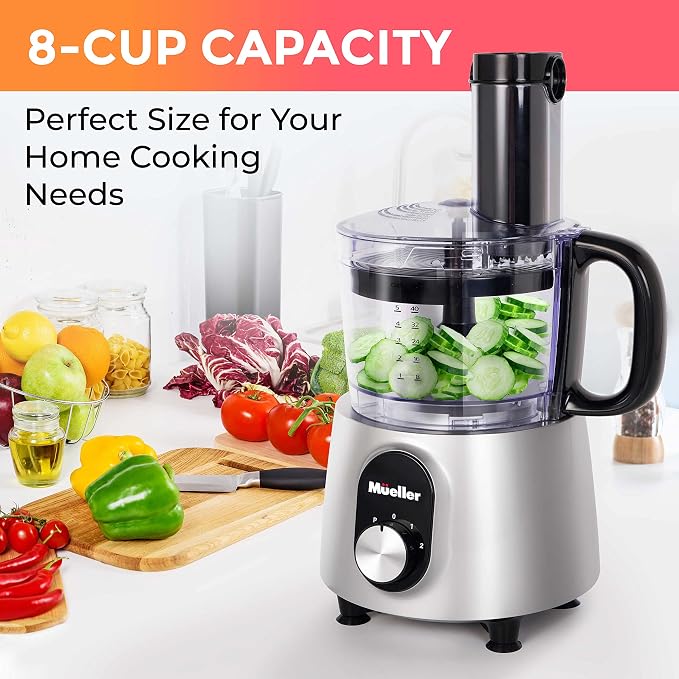 Mueller Ultra Prep Food Processor Chopper for Dicing, Slicing, Shredding, Mincing, and Pureeing, Food Chopper for Vegetables, Meat, Grains, Nuts, 8 Cup, Silver