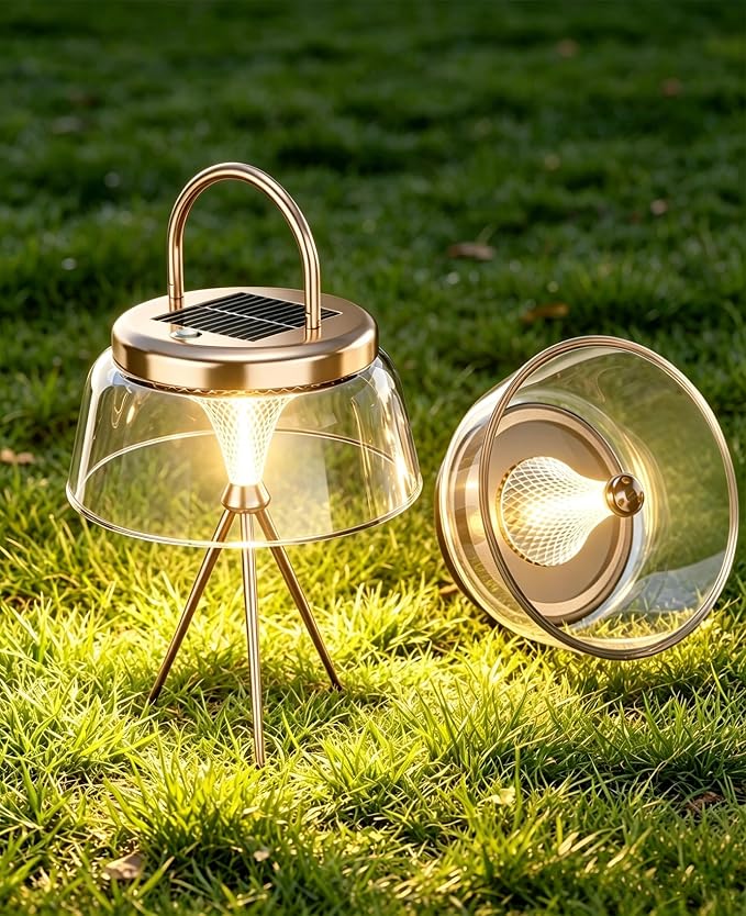 Solar Camping Lantern, 360°COB LED Camping Light Rechargeable with Solar&Type-C, IP65 Waterproof Tent Lights with Hook&Tripod Base, Bright Outdoor Hanging Lamp for Fishing, Power Outage(Gold)