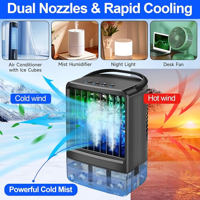 Portable Air Conditioners Cooling Fan,800ML Mini AC with Cool Mist, Small Portable Air Cooler with Handle,3 Speeds, 2/4H Timer, 7 Color LED Light, Quiet Desk Fan for Bedroom Home Office Room Outdoor