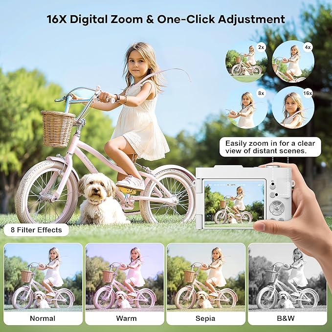4K Digital Camera for Photography, Small Vlogging Camera with Flip Screen for YouTube, 50MP 16X Zoom, Portable Travel Cameras with 32GB SD Card for Beginners(White)