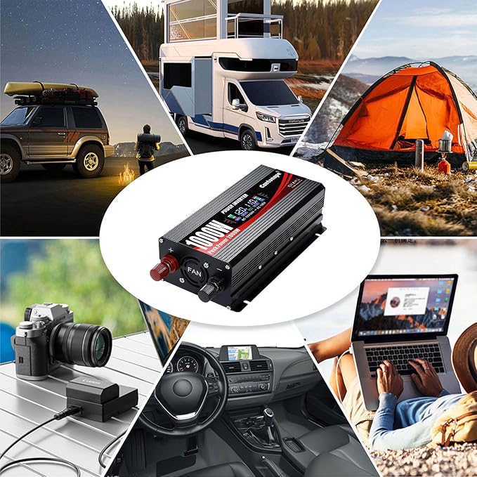 Cantonape 1000W Car Power Inverter DC 12V to 110V/120V AC Converter with LCD Display 2 AC Outlets, 3.0A USB and Type-C Car Inverter for RV Camping Laptop Truck Vehicle