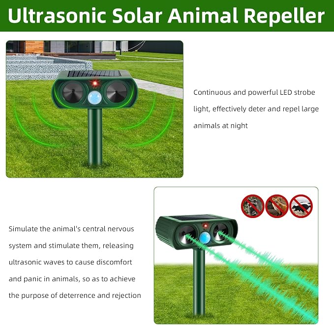 4 Pack 2025 Solar Ultrasonic Repellent Outdoor, Cat Deterrent Squirrel Rabbit Deer Repellent Devices Skunk Repellent for Yard Motion Detection Animal Deterrent for Dog Racoon Rodent Mole