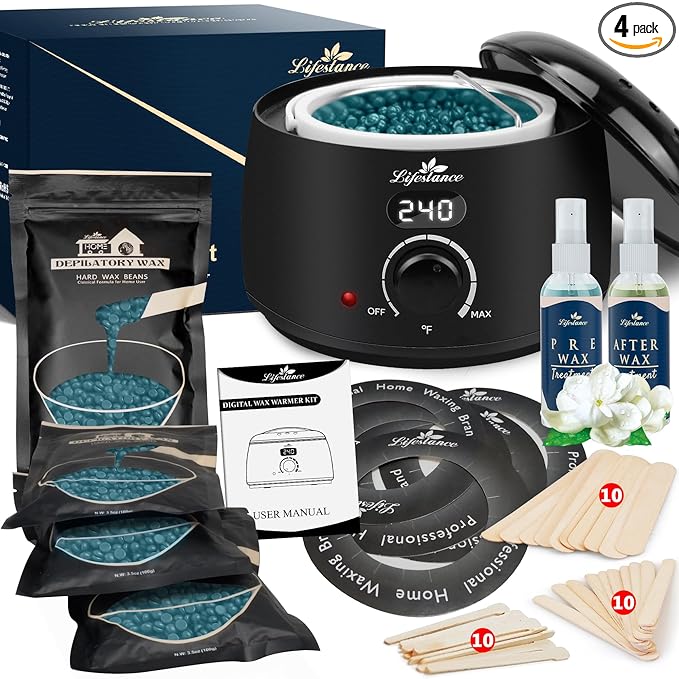Lifestance Waxing Kit for Women & Men - L2 Digital Wax Pot Warmer, Brazilian & Bikini Hair Removal Kit with 14.1oz Hard Wax Beads & 42 Accessories, Professional for Face, Leg, Eyebrow, Body at Home