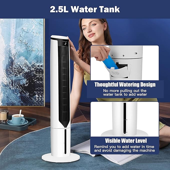 Hysache 3-in-1 Evaporative Air Cooler Humidifier, Portable Bladeless Tower Fan with 9H Time, 3 Modes and 3 Speeds, Remote Control, Display, LED, Ideal for Bedroom, Living Room, Office, White