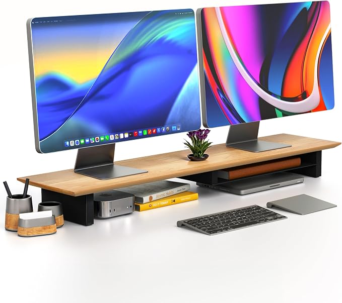 COREMINDED Solid Wood Dual Monitor Stand Riser – 42" Oak Desk Shelf for 2 Monitors with Tray & Wool Felt, Organizer for Desktop, Laptop and Office (Solid Oak)