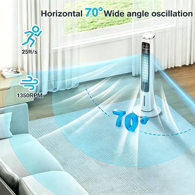 Windowless Portable Air Conditioners, 37’’ Cooling Tower Fan, Evaporative Air Cooler w/Remote, 2.5L Water Tank & Ice Packs, 12H Auto-off, 70° Oscillating, Ultra-Quiet Standing Fan For HomeOffice
