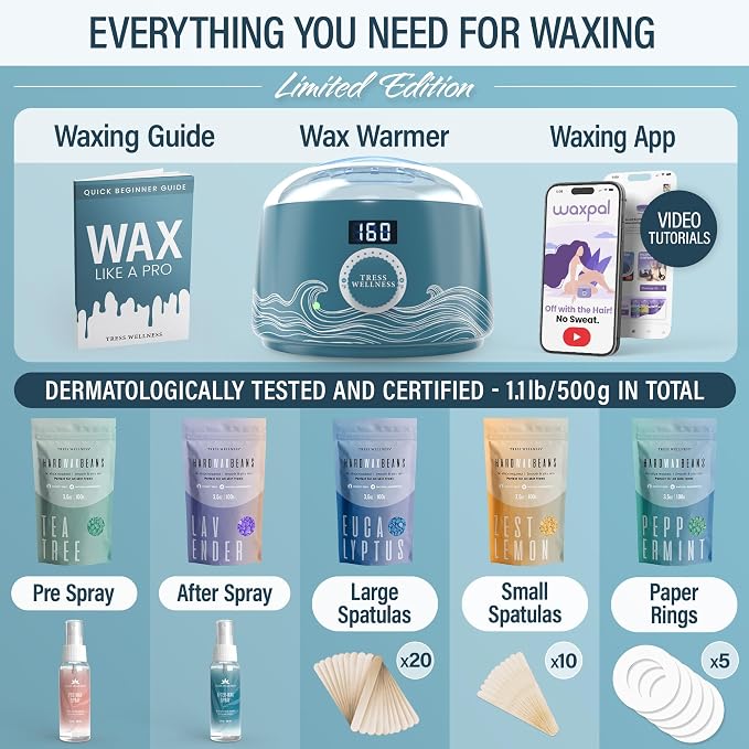Tress Wellness Award Winning Waxing Kit for Sensitive Skin – Safe for Face & Skin, Easy to Use – At-Home Kit for Face, Bikini, Brazilian & Full Body - Digital Display, Blue Water