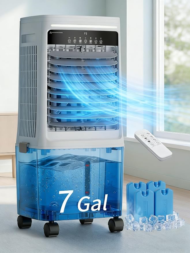 Uthfy 3000CFM Swamp Cooler, Evaporative Air Cooler with Dual Water Tanks for 30H Cooling, 120° Oscillating, Ambient Light, 7.0 GAL Detachable Water Tank, 12H Timer, 3 In 1 Indoor&Outdoor Cooling Fan