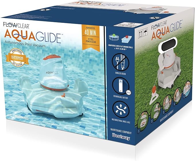 Bestway Flowclear AquaGlide Automatic Pool Cleaning Robot | Robotic Vacuum Cleaner Features Cordless, Rechargeable Battery | Designed for Flat-Bottom Above Ground and Inground Swimming Pools