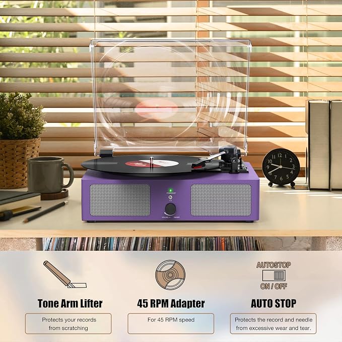 Vinyl Record Player with Built-in Speakers and USB,Belt-Driven Bluetooth Turntable with 3 Speed AUX Input Headphone Jack and RCA Output Vintage Wooden Purple