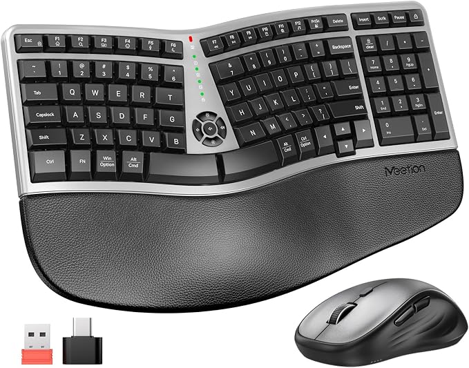 MEETION Ergonomic Keyboard and Mouse Wireless Combo, 2.4G Curved Compact Keyboard with Cushioned Palm Rest, 4 Level DPI Adjustable Wireless Mouse, for Windows/Mac/Desktop/PC/Laptop, Gray Black