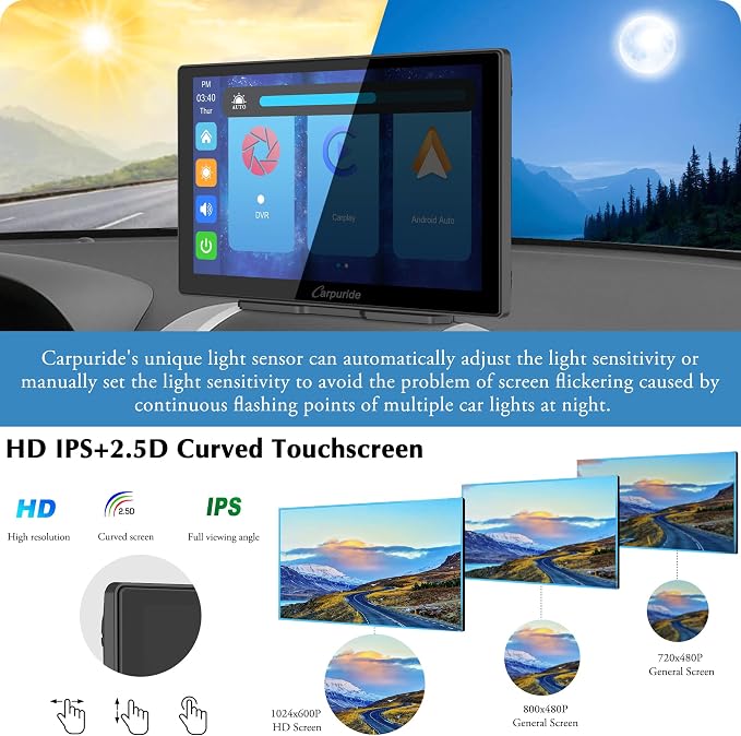 CARPURIDE W905 Wireless Carplay & Android Auto, Portable 9'' Touch Car Screen, 4K Dash Cam,Drive Play Car Play Navigation with Mirror Link/Siri/FM/Bluetooth/Light Sensor
