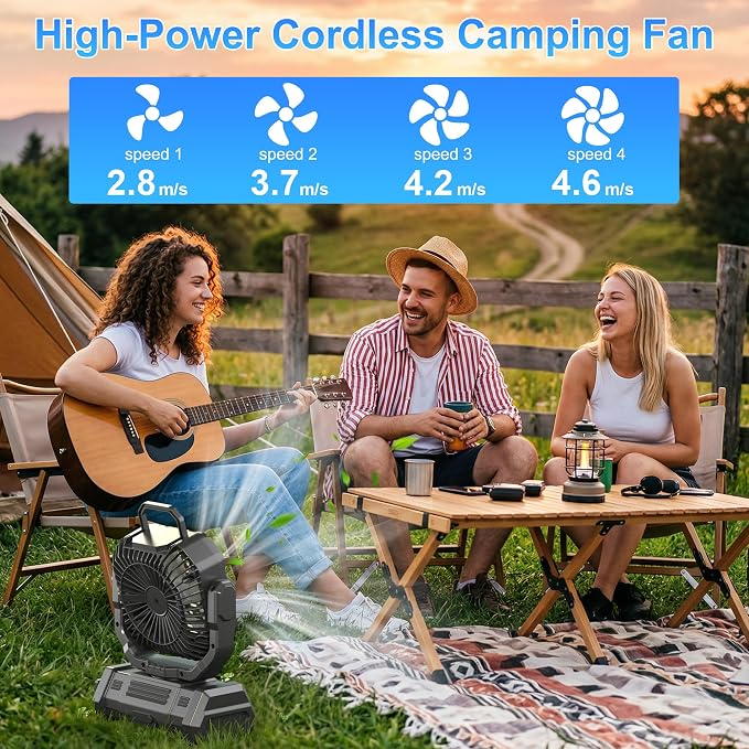 Portable Rechargeable Fan 20000mAh, Battery Powered Camping Fan with LED Light& Remote,4 Speeds Wind,USB,Cordless,Oscillating,Timer for Travel Tent,Rv Camping Essentials (Black)