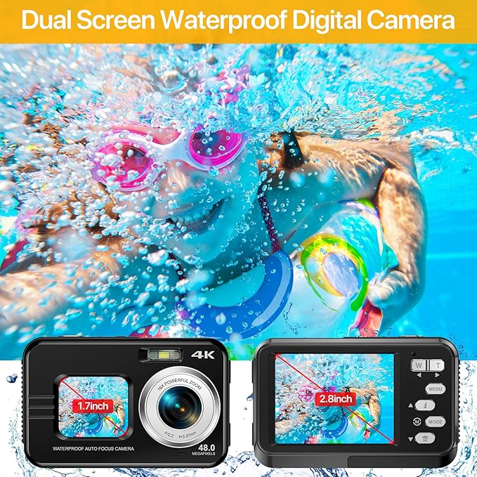4K Underwater Camera with 64GB Card, 11FT Waterproof Camera Dual-Screen Selfie Underwater Cameras for Snorkeling 16X Digital Zoom Waterproof Digital Camera 2 Batteries (Black)