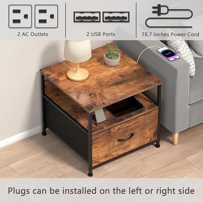 Unionly 180 lb Mini fridge Table with Drawer fridge Shelf, Smal fridge cabinet with storage,Heavy Duty Mini Fridge Standwith Charging Station, 4 Adjustable Feet for Home Kitchen Rustic Brown