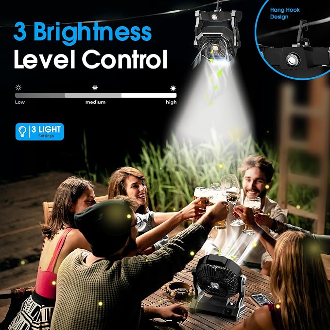 JINLICTE Portable Camping Fan, Rechargeable Battery Powered Tent Fans for Camp Hanging, [13-60Hrs Runtime], 9 Inch, Stepless Speed, Powerful&Quiet, for Picnic, Barbecue, Fishing, Travel, Home, Tent