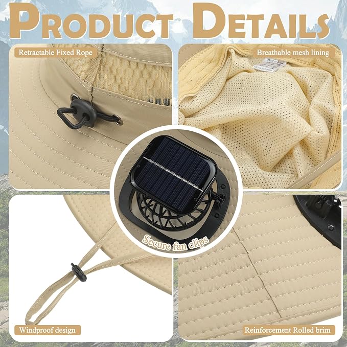 Berlune Sun Hat with 2 Solar Fan Wide Brim Fishing Bucket Hat USB & Solar for Men Women UPF 50+ Cooling for Fishing Beach