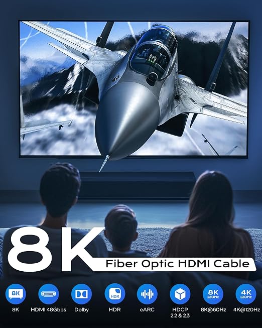 Cratree 8K Long Fiber Optic HDMI Cable 100FT - 48Gbps, High Speed HDMI Cord,8K 60Hz,4K120Hz,HDCP 2.2&2.3,HDR10 - Compatible with HDTV/Monitor/Projector