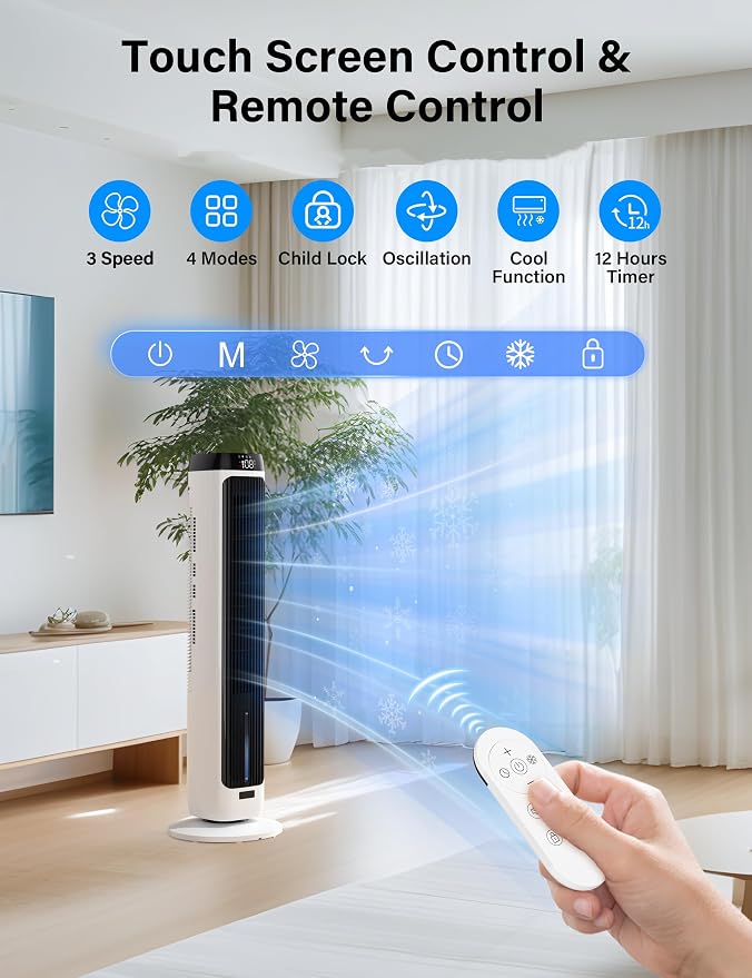 PNTCK 41" Evaporative Air Cooler, Bladeless Tower Fan Cooling Fan with 3 Speeds & 5 Modes, Ice Packs, 12H Timer, Remote, 80° Oscillating, 3-IN-1 Swamp Cooler for Bedroom Office Large Room