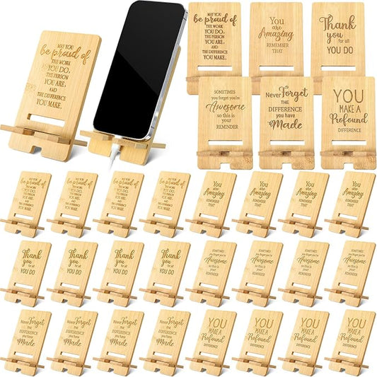 Ripeng 24 Pcs Employee Appreciation Gifts Bulk Bamboo Phone Stand for Desk Office Worker Thank You Gift for Administrative Team Coworkers Staff Graduation Nurse Teacher Week (Assorted Inspirational)
