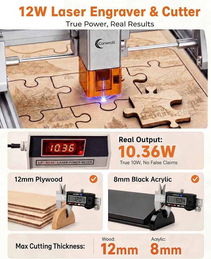 Laser Engraver, Carverall K15 Pro Laser Engraving Machine for Beginners DIY 200x300mm (Near A4) CNC Laser Cutter for Wood Coated Metal Acrylic Leather, Laser Radiation Power: 8.913μW Class 1