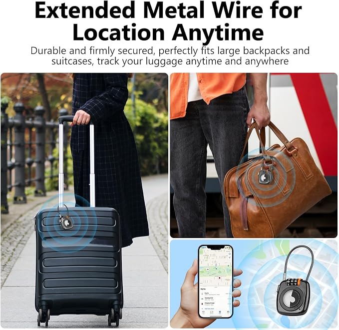 Compatible with Apple AirTag Secure Lock with Wire Cable, 3-Digit Combination Luggage Locks, Alloy Body Ultra Durable Anti-Lost Protective Case for Luggage, Suitcase (Black/Grey)