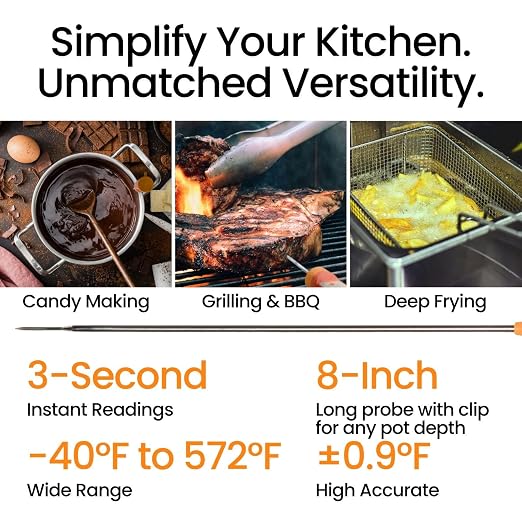 AI Bluetooth Candy & Meat Thermometer with HB Negative LCD, Smart Alerts via App (Type-C Rechargeable) Digital Instant Reading for Candy Making, BBQ, Deep Frying, & Liquids, 8" Long Probe,CT200-BT