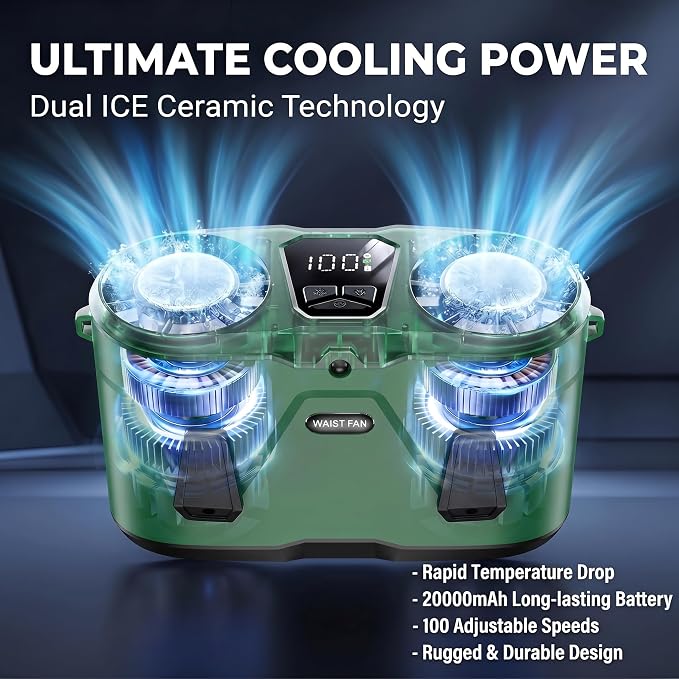 20000mAh Wearable Waist Fan, USB Rechargeable Personal Fan with 10 Wind Speeds, Dual Motors Portable Clip On Fan, Hands Free Cooling Fan for Outdoor Working Camping Travel (Green)
