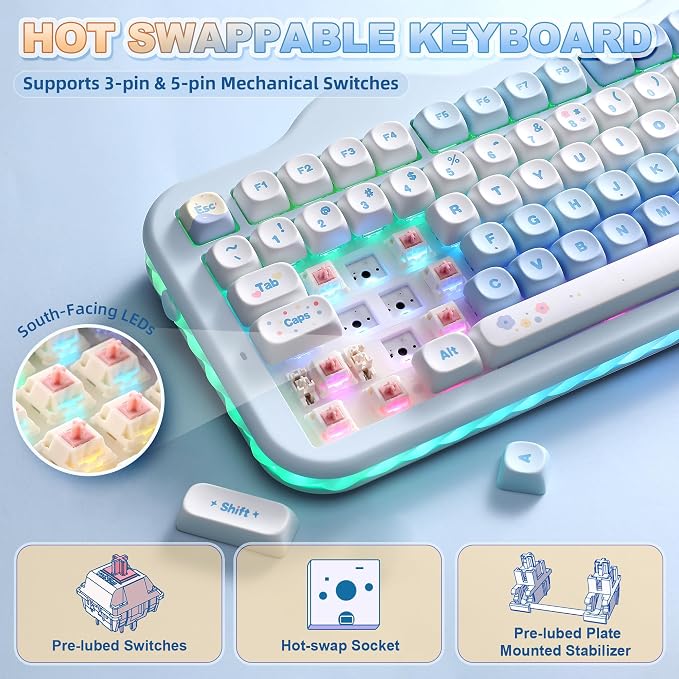 YUNZII C98 Wireless Mechanical Keyboard with Number Pad,98 Key BT5.0/2.4G/USB-C Hot Swap Gasket Mount with PBT MOA Keycaps,Custom RGB,Cute Cake Keyboard for Win/Mac (Blue, Candy Linear Switch)