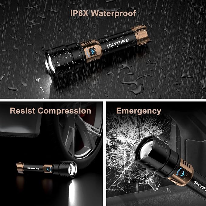 SKYFIRE Rechargeable Flashlights High Lumens,3000lm Super Bright Flashlight,Zoomable,4 Modes,Waterproof LED Flash Light for Camping Essentials,Outdoor and Home Emergencies