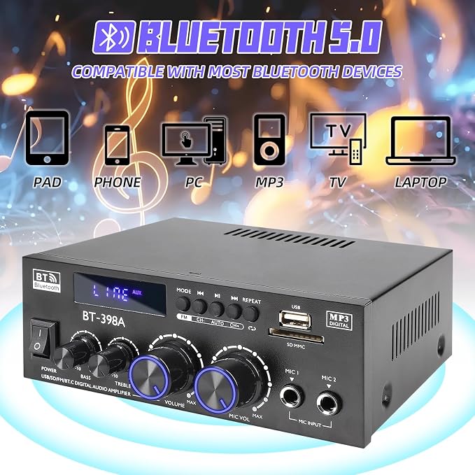 Joengoep BT-398A Stereo Audio Amplifier,Receiver for Speakers Max 900W,2.0 Channel Stereo Receiver with FM Radio,USB/SD/AUX Optical & Coaxial Input for Passive Speakers