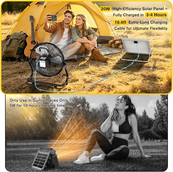 16" Solar Powered Fan with 20W Solar Panel & Rechargeable Battery, Portable, Quiet 12 Speed, 360° Tilt Head for Outside, Camping, Travel, Greenhouse, Chicken Coop, Patio, gazebo (Black)