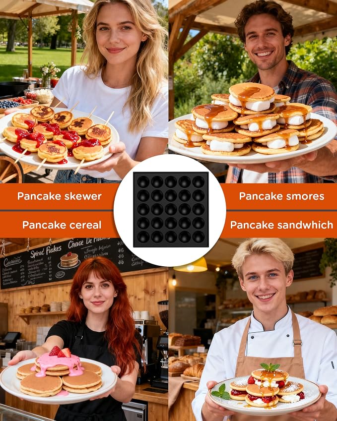 Mini Pancake Maker - 25Pcs Mini Pancake Griddle w/Non-stick and Adjustable Temp, 110V Electric Dutch Pancake Maker w/ 1.8 Inches Poffertjes, Hot Cakes Machine for Home Kitchen Restaurant