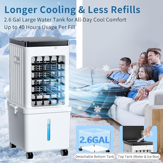 Portable Air Conditioners, Portable AC Unit with Removable 2.6 Gal Water Tank, Swamp Cooler Windowless Evaporative Air Cooler with 3 Speeds for Room and Office, Fast Cooling Portable AC for Home Use