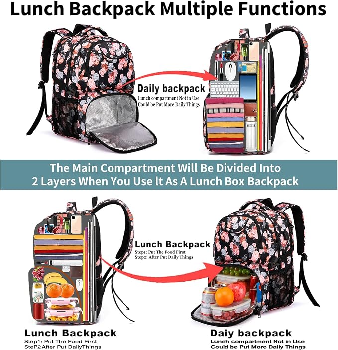 HILUSEN Lunch Backpack for Women, Insulated Cooler Lunch Box, Extra Large Work Backpack with USB Charging Port, Water Resistant 17 inch Travel Laptop Backpack