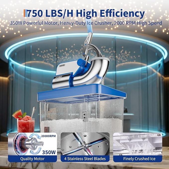 Commercial Ice Crusher Machine with 4 Blades, 2000RPM 750LBS/H Ice Shaver with 2LBS Hopper Capacity, 350W Stainless Steel Snow Cone Machine for Home Use, Bars, Cafes, Parties, Blue