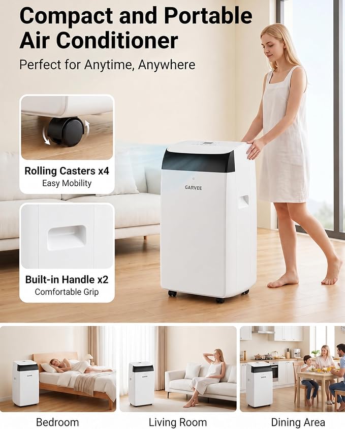 Garvee 14000 BTU Portable Air Conditioners, 4-in-1 Portable AC with Cooling, Dehumidifier, Fan, Follow Me, 24-Hour Timer, Remote, Window Kit for Large Room, Bedroom, Home Office Use, 750 Sq. Ft, 115V