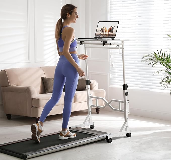 Oransail Small Standing Desk with Wheels, 29.5-45.3 Inch Adjustable Height, Portable Treadmill Desk, Rolling Computer Table for Walking Pad with a Cup Holder and a Hook