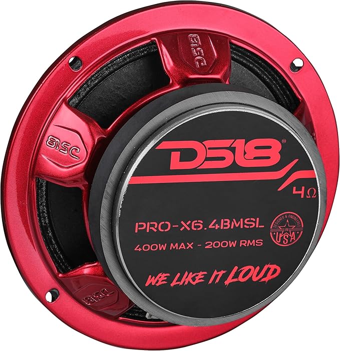 DS18 PRO-X6.4BMSL Slim Loudspeaker - 6.5", Midrange, Red Aluminum Bullet, 400W Max, 200W RMS, 4 Ohms - Premium Quality Audio Door Speakers for Car or Truck Stereo Sound System (1 Speaker)