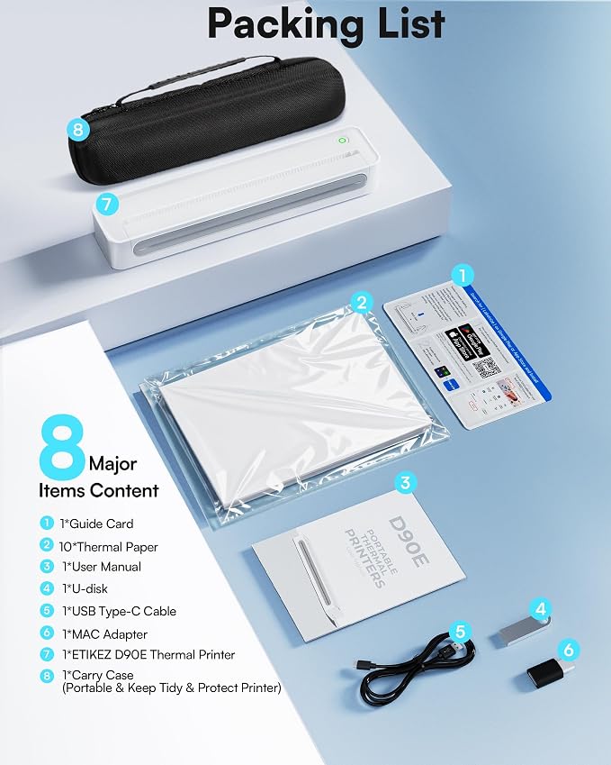 D90E Inkless Portable Printer for Travel, Supports 8.5 x 11 Inch Thermal Paper Wireless Thermal Printer Bluetooth, with Travel Case & 10 Sheets for Students, Office, School, White