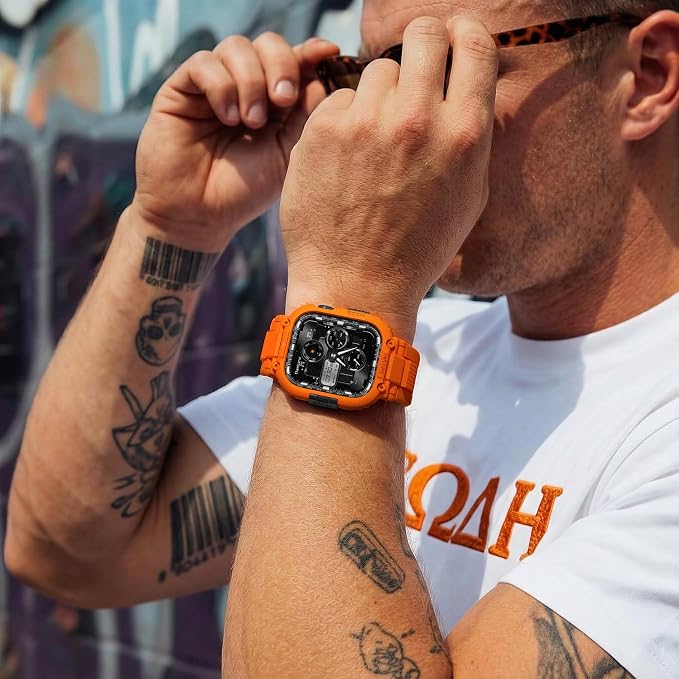 amBand Bands Compatible with Apple Watch 9/8/7 45mm, M1 Sport Series Rugged Case with TPU Strap Military Protective Tough Cover Bumper for iWatch SE3/SE2/SE/6/5/4 44mm Men Orange