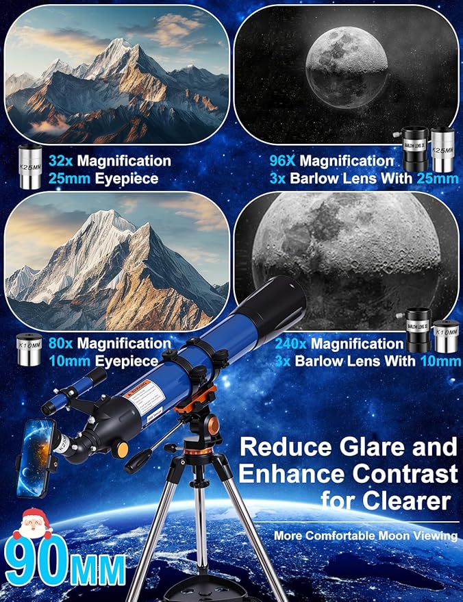 Telescope for Adults High Powered 90mm Aperture 800mm,Refractor Telescopes for Astronomy Beginners with AZ Mount Tripod,Phone Adapter,Carry Bag (80090blue)