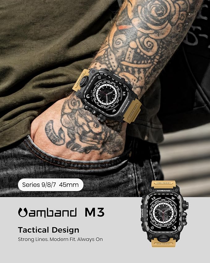 amBand Rugged Case with Band for Apple Watch 45mm, Compatible with Apple Watch (iWatch) Series 9/8/7, Military Grade Shockproof Bumper Cover, Tactical Band for Men, Sand Beige