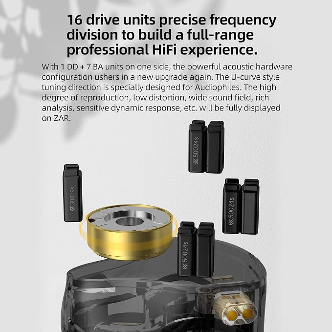 KZ ZAR in-Ear Monitor 7BA+1DD Hybrid Drivers Gaming Earbuds HiFi Bass Noise Isolation IEM, Clarity in All Frequency Stereo Comfort-fit in Ear Headphones for Audio Engineers, Musicians(No Mic)